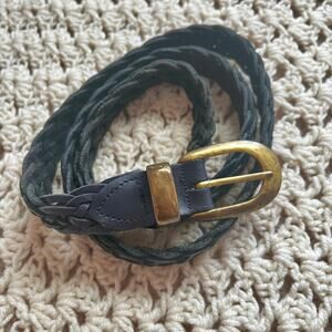Vintage 90s Navy Blue Thin Braided Leather and Brass Belt Size XL